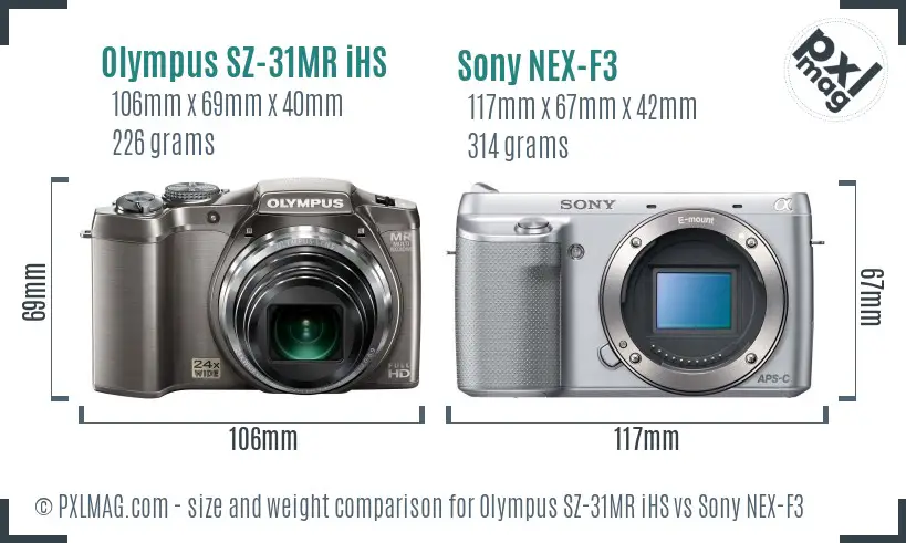 Olympus SZ-31MR iHS vs Sony NEX-F3 size comparison
