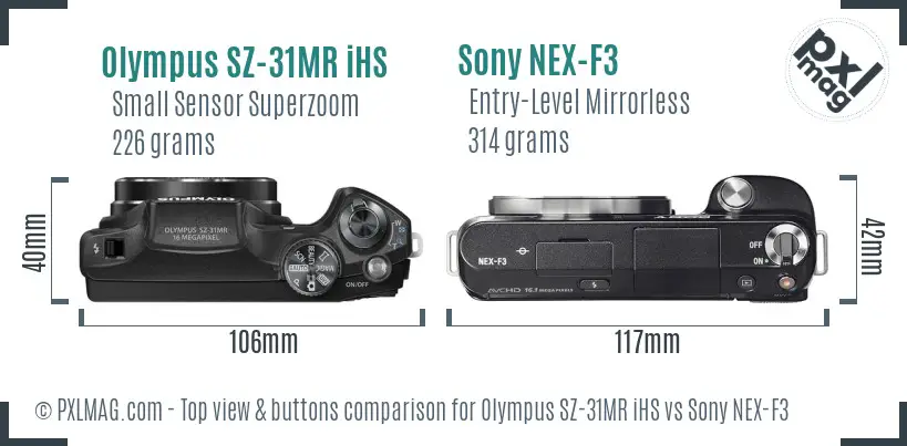 Olympus SZ-31MR iHS vs Sony NEX-F3 top view buttons comparison