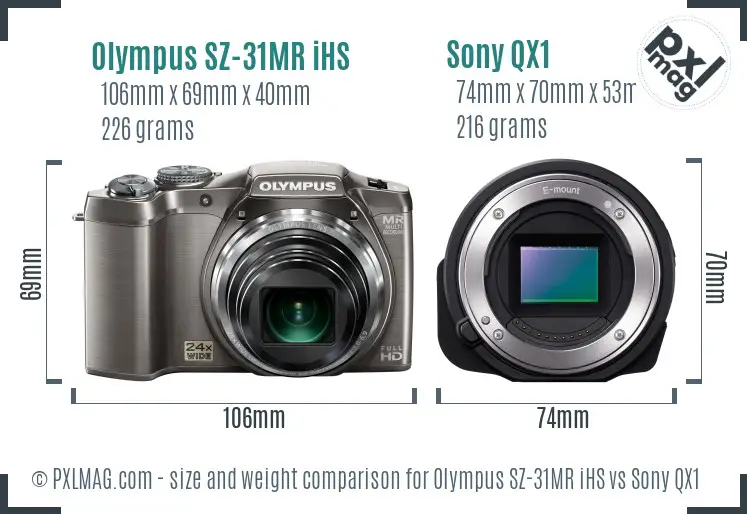 Olympus SZ-31MR iHS vs Sony QX1 size comparison