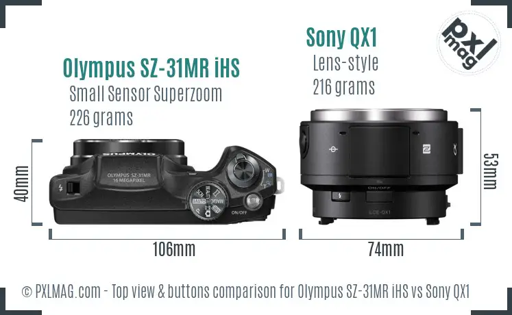 Olympus SZ-31MR iHS vs Sony QX1 top view buttons comparison
