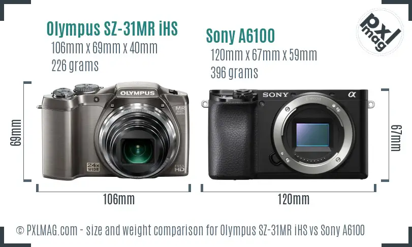 Olympus SZ-31MR iHS vs Sony A6100 size comparison