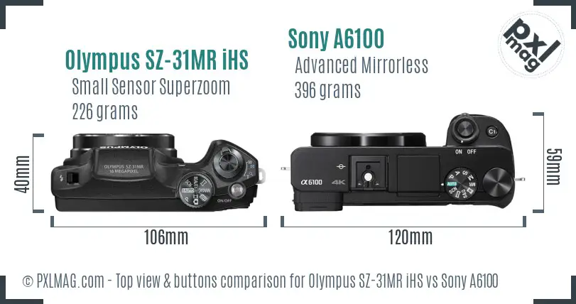 Olympus SZ-31MR iHS vs Sony A6100 top view buttons comparison