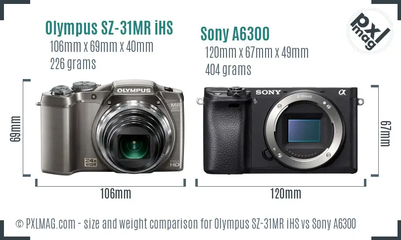 Olympus SZ-31MR iHS vs Sony A6300 size comparison