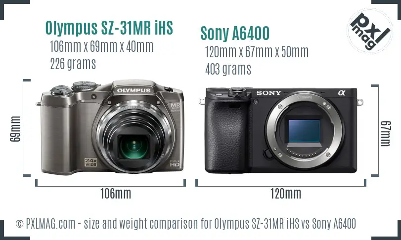 Olympus SZ-31MR iHS vs Sony A6400 size comparison
