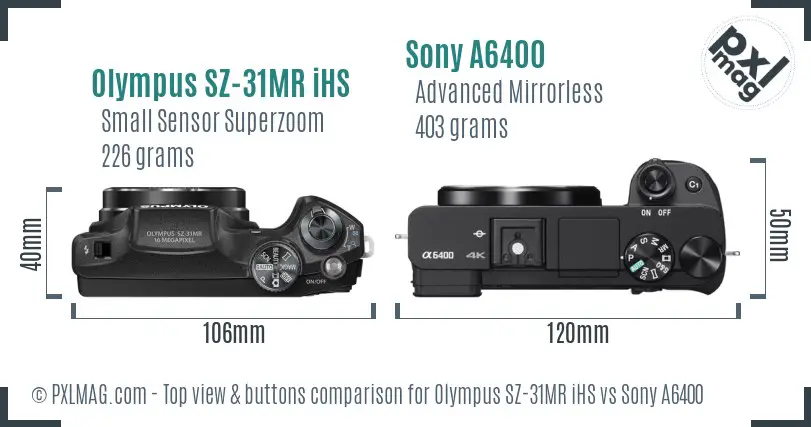 Olympus SZ-31MR iHS vs Sony A6400 top view buttons comparison