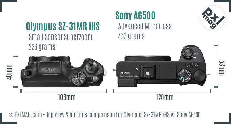Olympus SZ-31MR iHS vs Sony A6500 top view buttons comparison