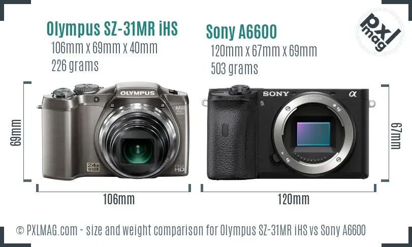Olympus SZ-31MR iHS vs Sony A6600 size comparison