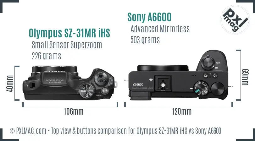 Olympus SZ-31MR iHS vs Sony A6600 top view buttons comparison