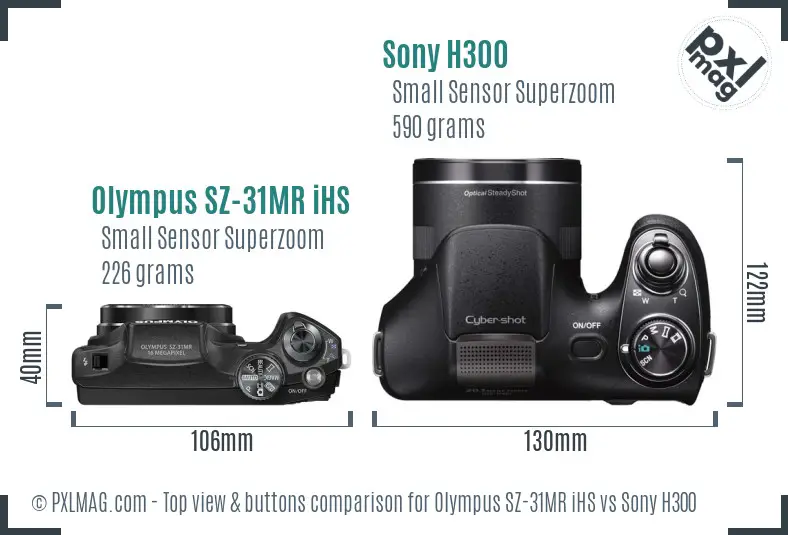 Olympus SZ-31MR iHS vs Sony H300 top view buttons comparison