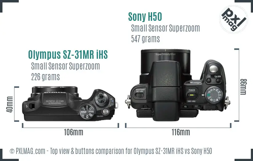 Olympus SZ-31MR iHS vs Sony H50 top view buttons comparison