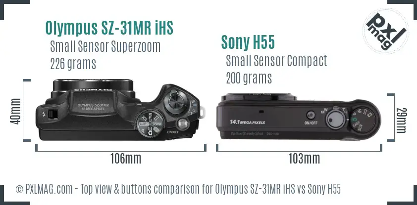 Olympus SZ-31MR iHS vs Sony H55 top view buttons comparison