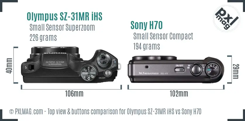 Olympus SZ-31MR iHS vs Sony H70 top view buttons comparison