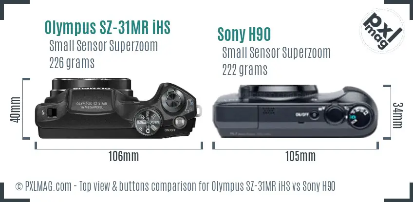 Olympus SZ-31MR iHS vs Sony H90 top view buttons comparison