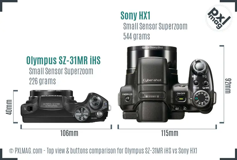 Olympus SZ-31MR iHS vs Sony HX1 top view buttons comparison