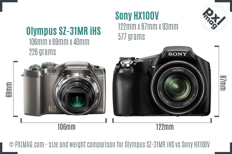 Olympus SZ-31MR iHS vs Sony HX100V size comparison