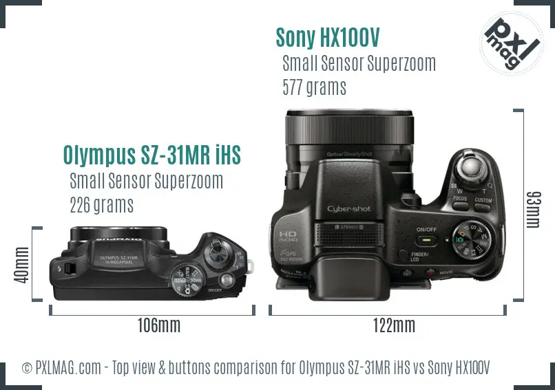 Olympus SZ-31MR iHS vs Sony HX100V top view buttons comparison