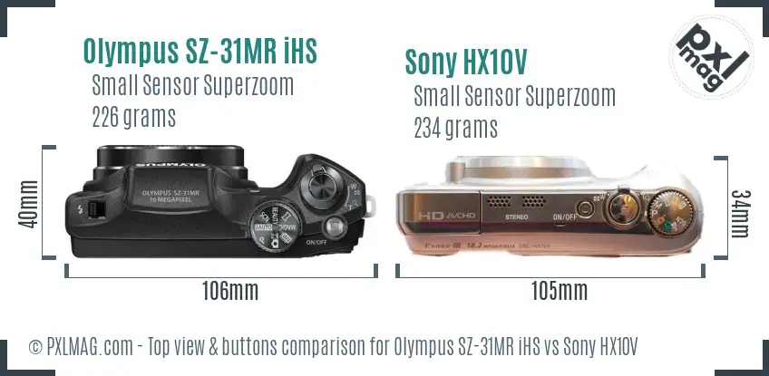 Olympus SZ-31MR iHS vs Sony HX10V top view buttons comparison