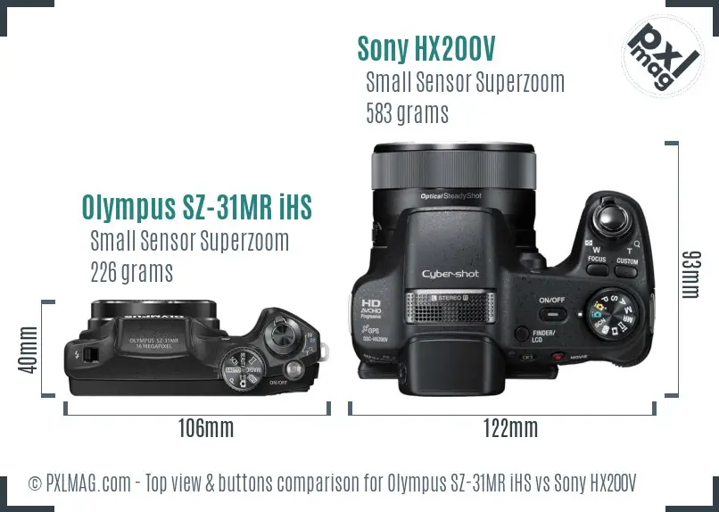 Olympus SZ-31MR iHS vs Sony HX200V top view buttons comparison
