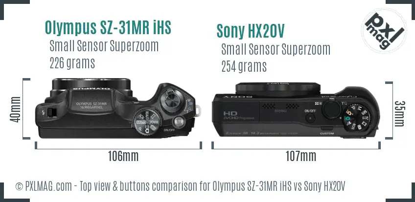 Olympus SZ-31MR iHS vs Sony HX20V top view buttons comparison