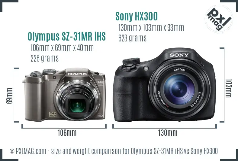 Olympus SZ-31MR iHS vs Sony HX300 size comparison