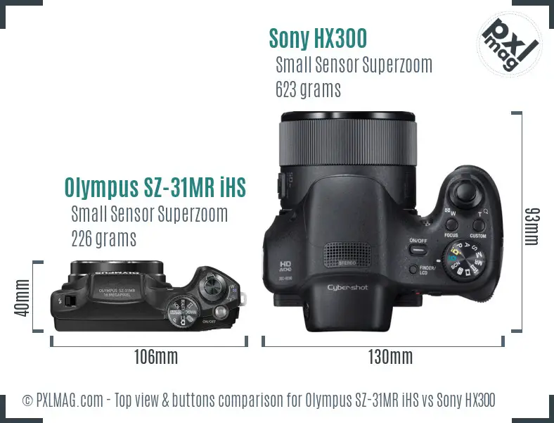 Olympus SZ-31MR iHS vs Sony HX300 top view buttons comparison