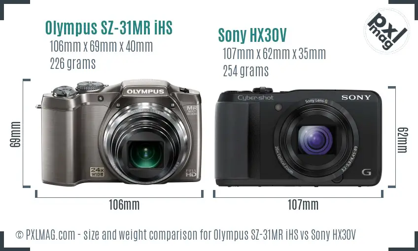 Olympus SZ-31MR iHS vs Sony HX30V size comparison