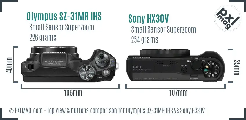 Olympus SZ-31MR iHS vs Sony HX30V top view buttons comparison