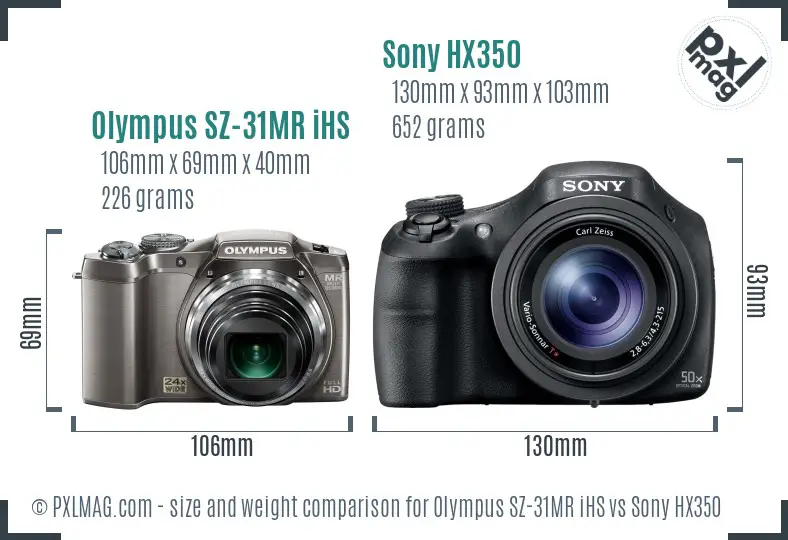 Olympus SZ-31MR iHS vs Sony HX350 size comparison