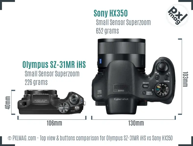 Olympus SZ-31MR iHS vs Sony HX350 top view buttons comparison