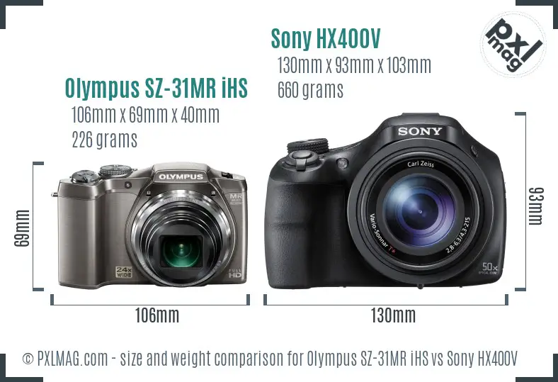Olympus SZ-31MR iHS vs Sony HX400V size comparison