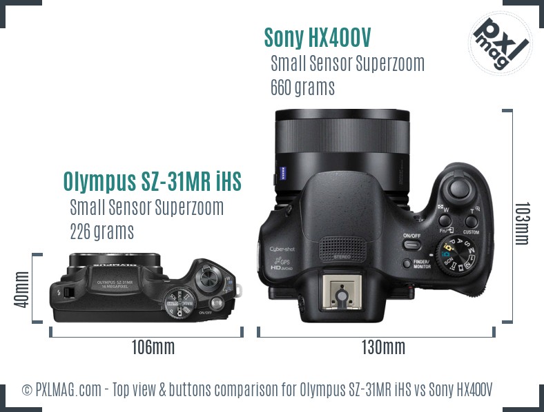 Olympus SZ-31MR iHS vs Sony HX400V top view buttons comparison