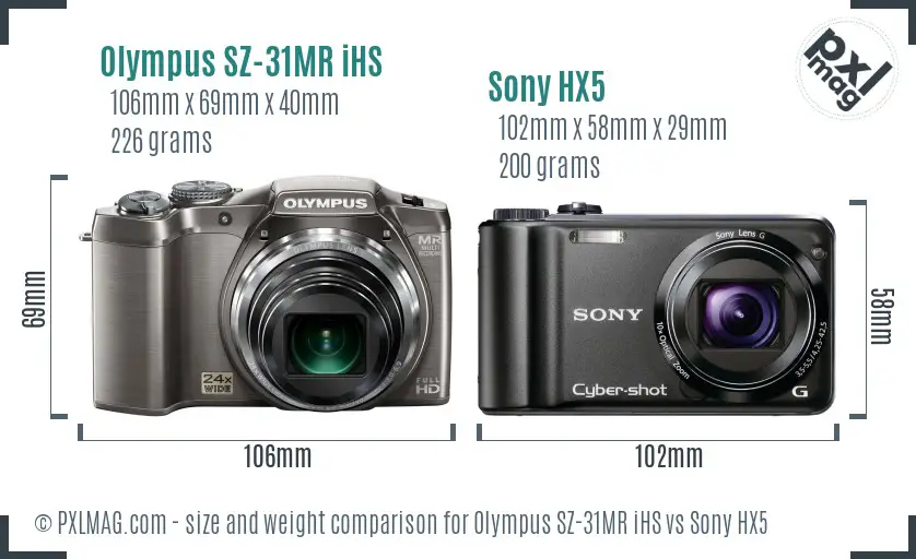 Olympus SZ-31MR iHS vs Sony HX5 size comparison