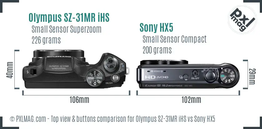 Olympus SZ-31MR iHS vs Sony HX5 top view buttons comparison
