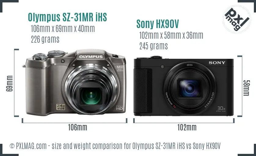 Olympus SZ-31MR iHS vs Sony HX90V size comparison
