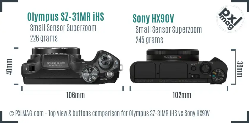Olympus SZ-31MR iHS vs Sony HX90V top view buttons comparison