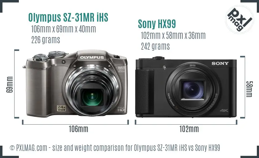 Olympus SZ-31MR iHS vs Sony HX99 size comparison