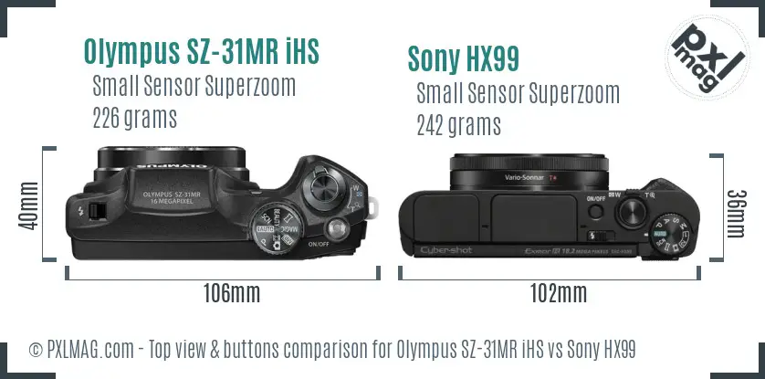 Olympus SZ-31MR iHS vs Sony HX99 top view buttons comparison
