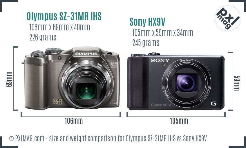 Olympus SZ-31MR iHS vs Sony HX9V size comparison