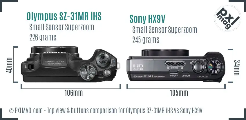 Olympus SZ-31MR iHS vs Sony HX9V top view buttons comparison