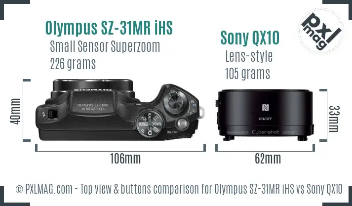 Olympus SZ-31MR iHS vs Sony QX10 top view buttons comparison