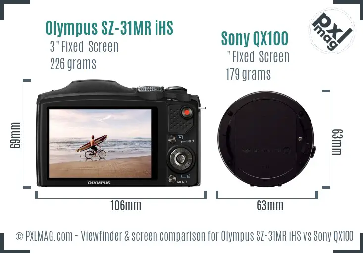 Olympus SZ-31MR iHS vs Sony QX100 Screen and Viewfinder comparison