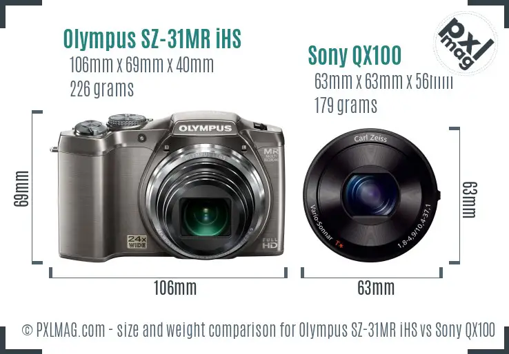 Olympus SZ-31MR iHS vs Sony QX100 size comparison