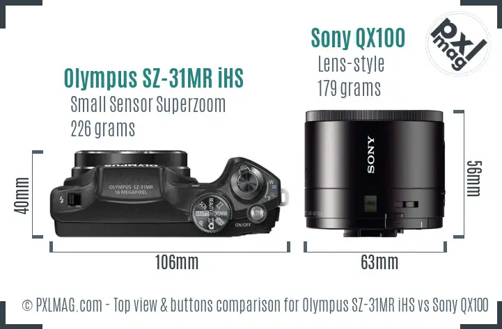 Olympus SZ-31MR iHS vs Sony QX100 top view buttons comparison