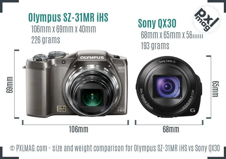 Olympus SZ-31MR iHS vs Sony QX30 size comparison