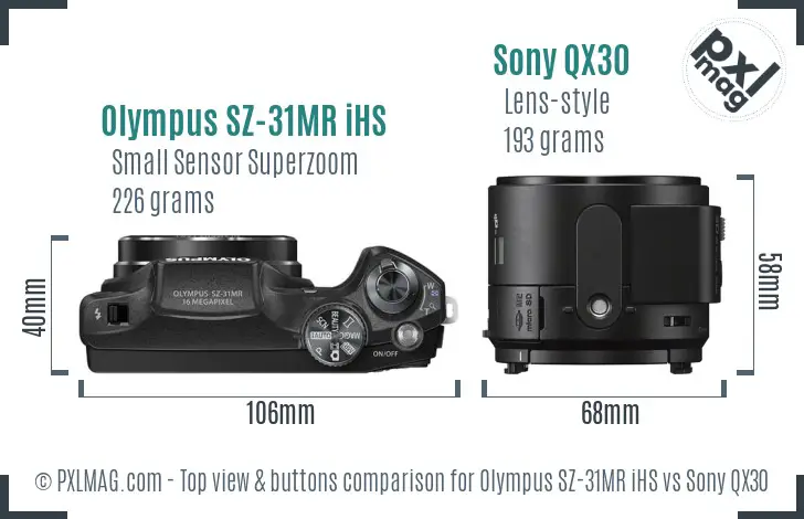 Olympus SZ-31MR iHS vs Sony QX30 top view buttons comparison