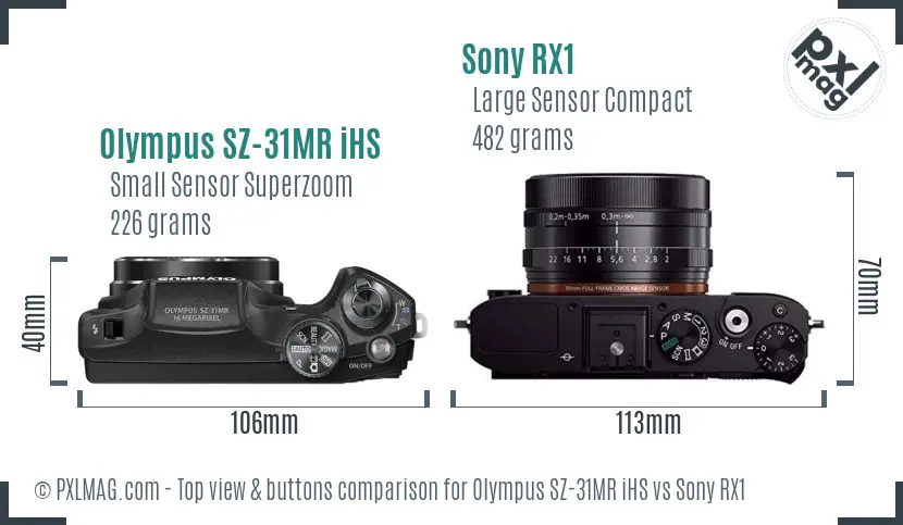 Olympus SZ-31MR iHS vs Sony RX1 top view buttons comparison