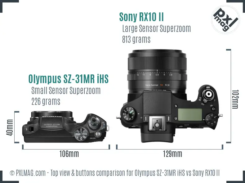 Olympus SZ-31MR iHS vs Sony RX10 II top view buttons comparison