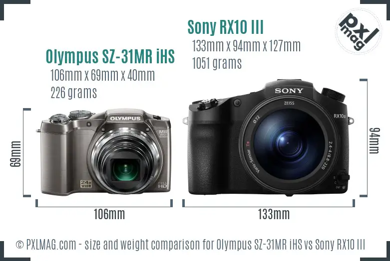 Olympus SZ-31MR iHS vs Sony RX10 III size comparison