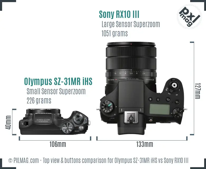 Olympus SZ-31MR iHS vs Sony RX10 III top view buttons comparison