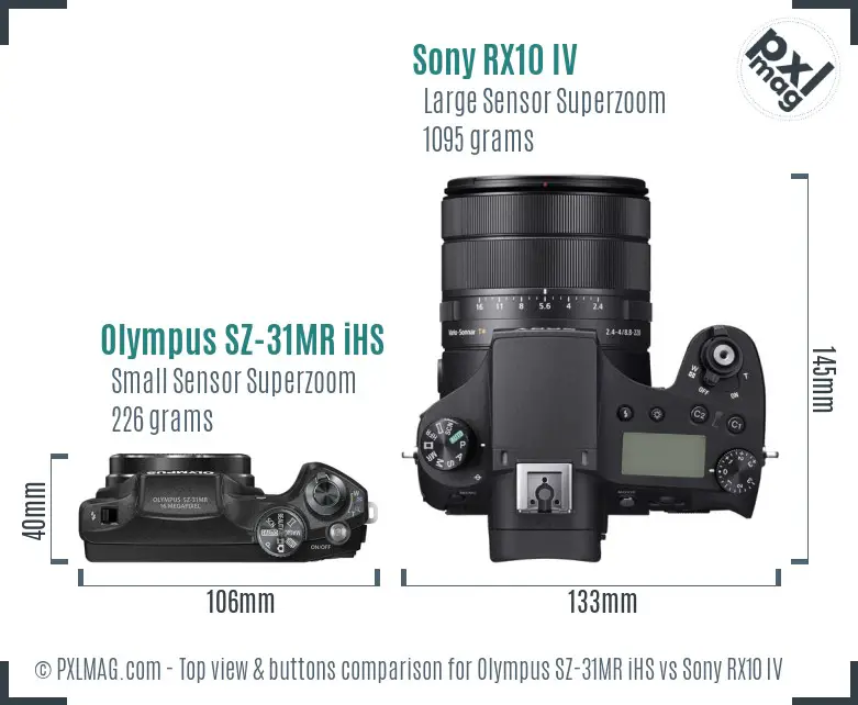 Olympus SZ-31MR iHS vs Sony RX10 IV top view buttons comparison